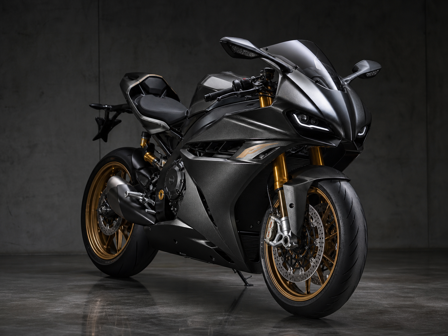 High-end sport motorcycle photographed in a dark professional studio with metallic reflections