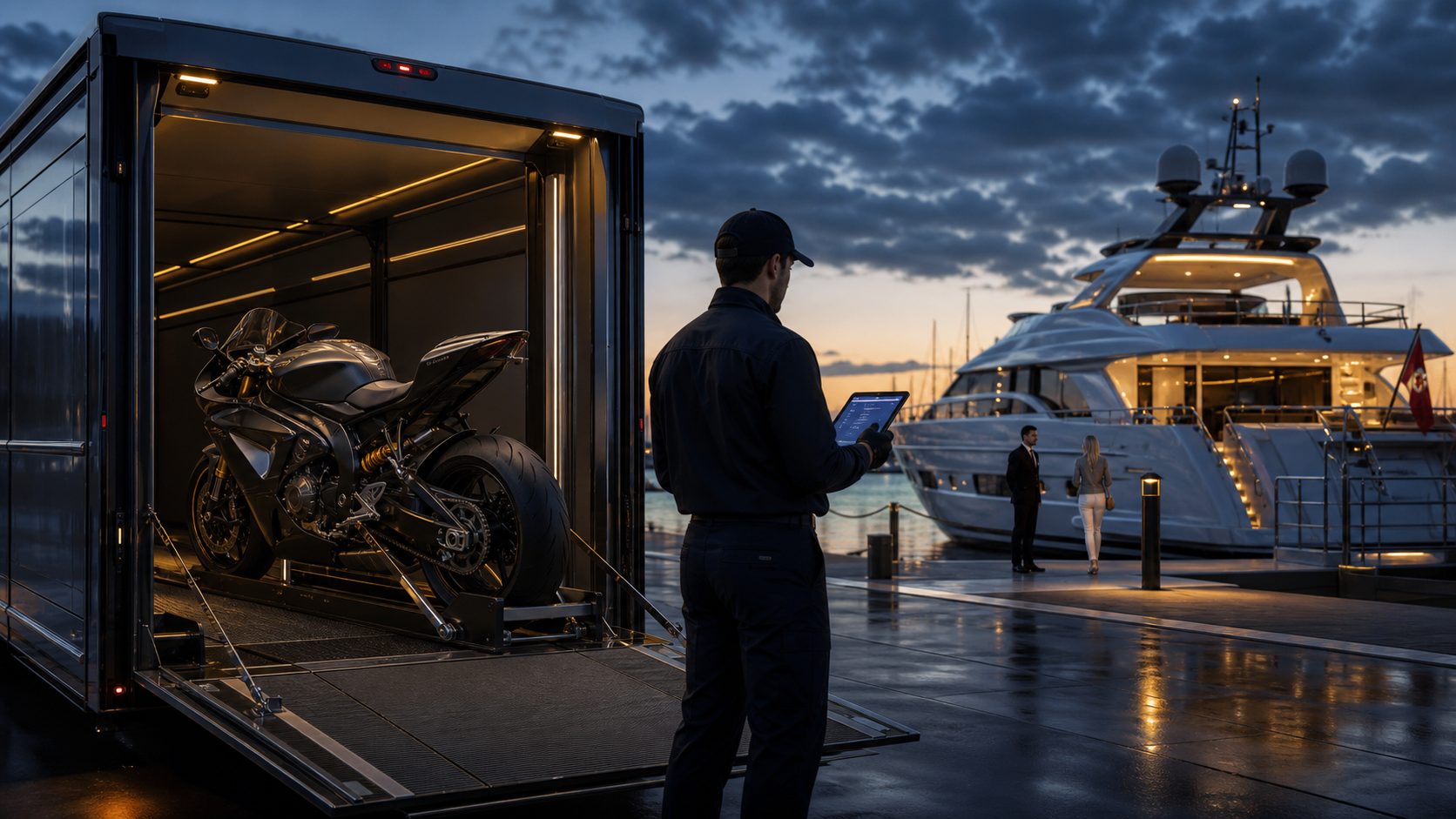 Covered motorcycle delivery and yacht port handover in a premium marina setting