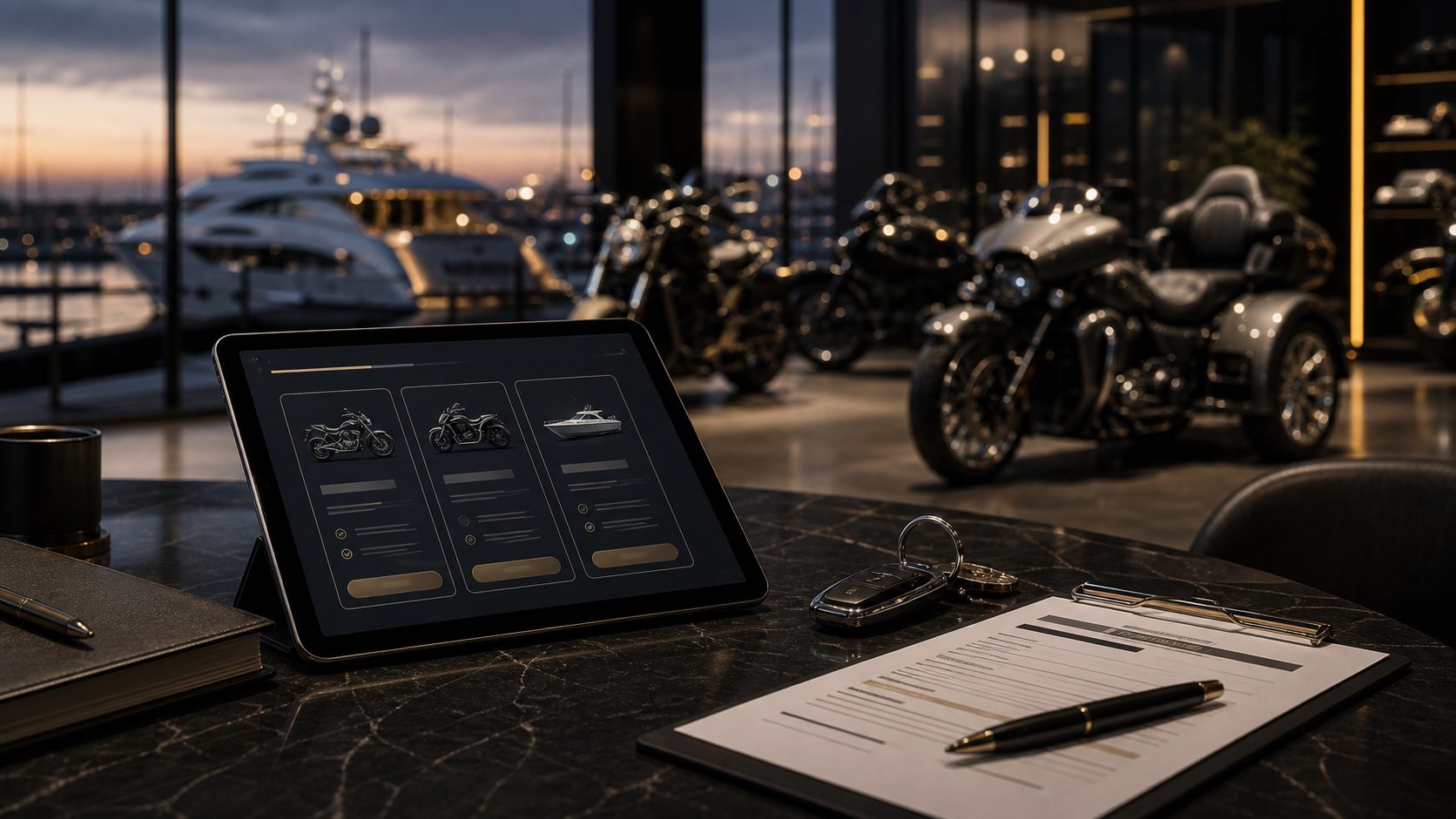 Luxury dealership finance desk with trade-in valuation, secure paperwork and vehicle keys