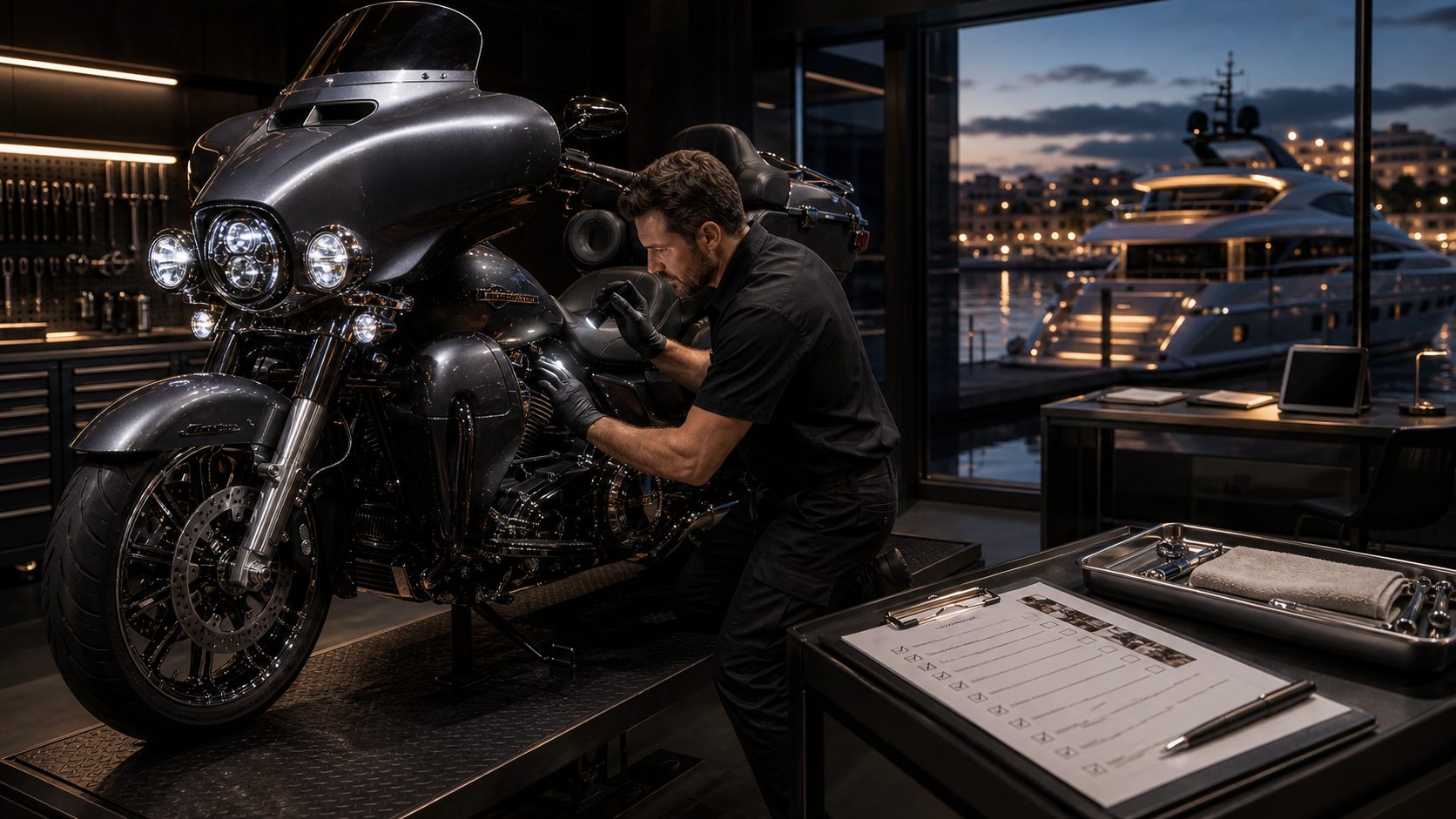 Certified mechanic inspecting a premium motorcycle and yacht documentation checklist
