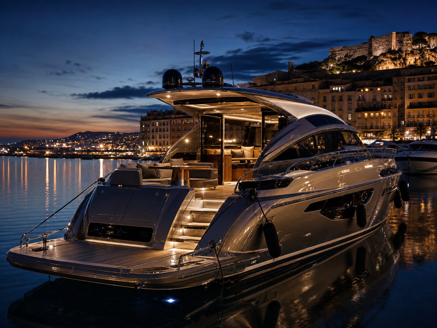 Modern yacht in a luxury marina with elegant cockpit lighting and international port atmosphere